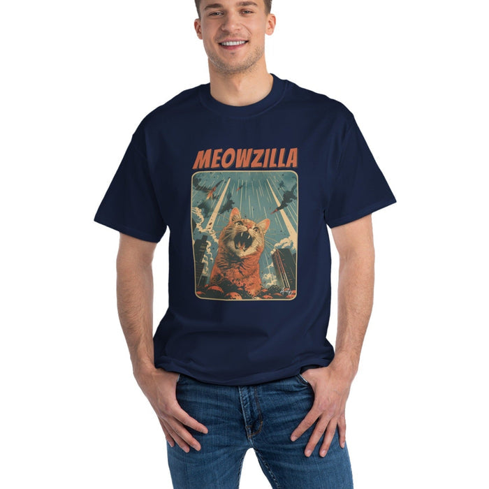 Meowzilla Retro Graphic Tee: dark charcoal gray, orange cat monster / "MEOWZILLA" theme, vintage-inspired graphic style