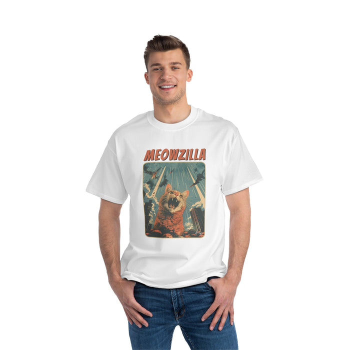 Meowzilla Retro Graphic Tee: navy blue, orange cat monster parody character, cartoon, vintage poster-inspired style