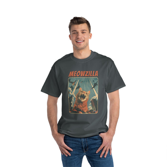 Meowzilla Retro Graphic Tee: dark charcoal gray, orange cat monster / "MEOWZILLA" theme, vintage-inspired graphic style