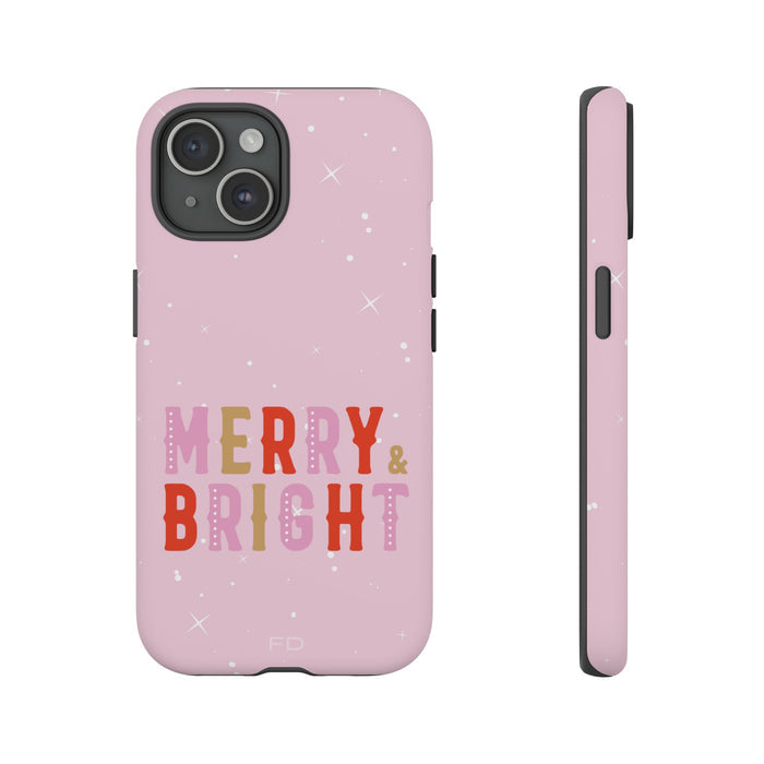 Merry & Bright Durable Case for iPhone: light pink, red Christmas holiday theme, minimal festive graphic style