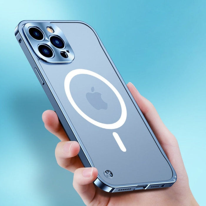 Metal Frame Premium Protective Case for iPhone: Enhancing Style and Durability: light blue, white Apple logo, minimal style