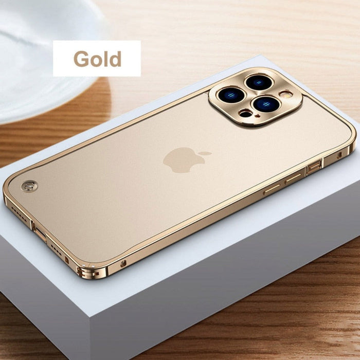 Metal Frame Premium Protective Case for iPhone: Enhancing Style and Durability: light blue, white Apple logo, minimal style