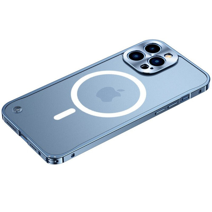 Metal Frame Premium Protective Case for iPhone: Enhancing Style and Durability: light blue, white Apple logo, minimal style