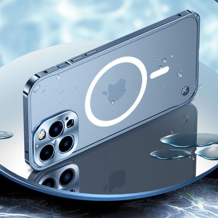Metal Frame Premium Protective Case for iPhone: Enhancing Style and Durability: light blue, white Apple logo, minimal style