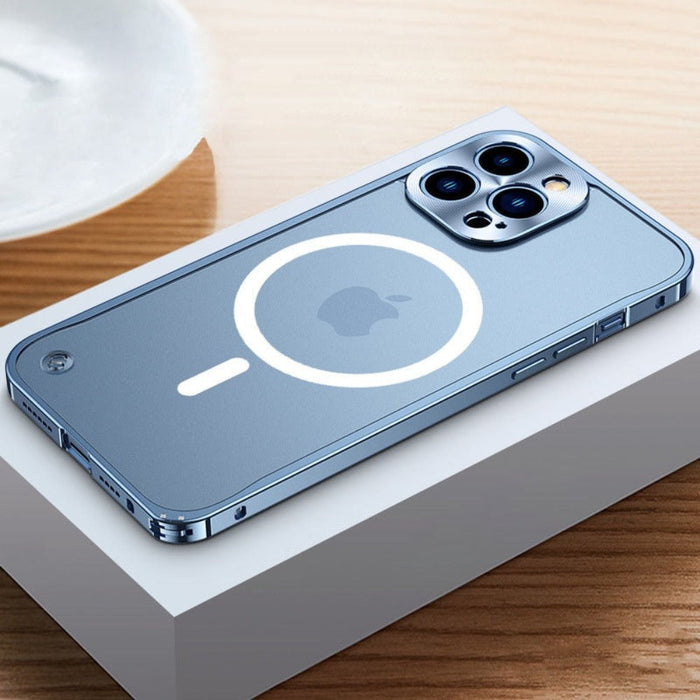 Metal Frame Premium Protective Case for iPhone: Enhancing Style and Durability: light blue, white Apple logo, minimal style