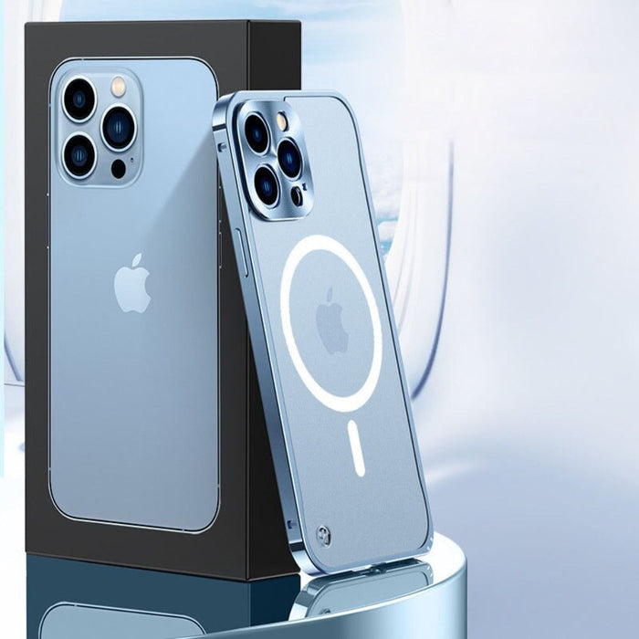 Metal Frame Premium Protective Case for iPhone: Enhancing Style and Durability: light blue, white Apple logo, minimal style