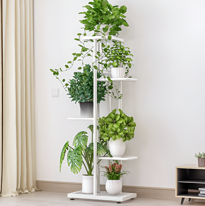 Metal Home Decor Plant Stand with 6 Layers for Multi-Pot Arrangements: white, green potted green plants, minimal modern indoo