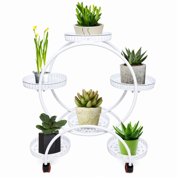 Metal Plant Stand with a Circle Design - 6 Pot White