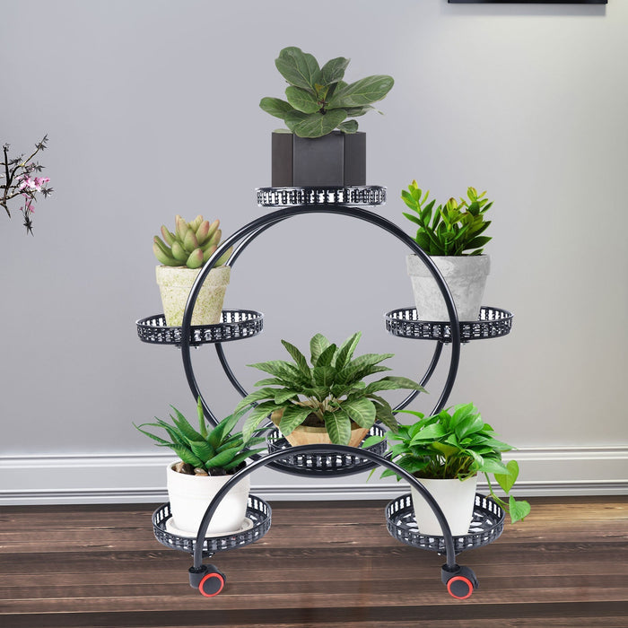 Metal Plant Stand with a Circle Design, 6 Pot: black, white multi-tier plant stand, minimal modern style