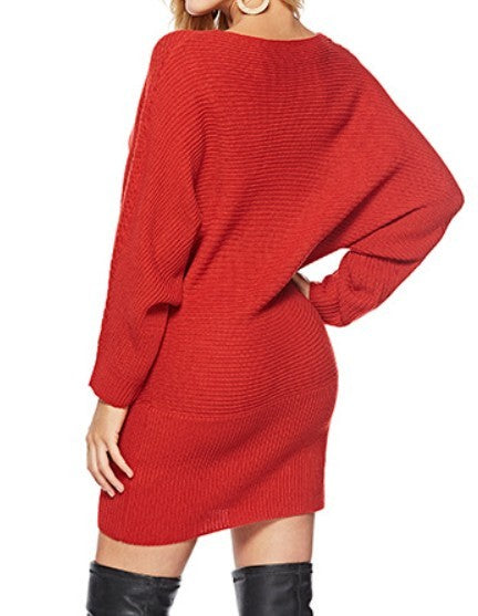 Mid Length Batwing Sweater for Women: dark teal blue off-the-shoulder sweater dress, casual minimalist style