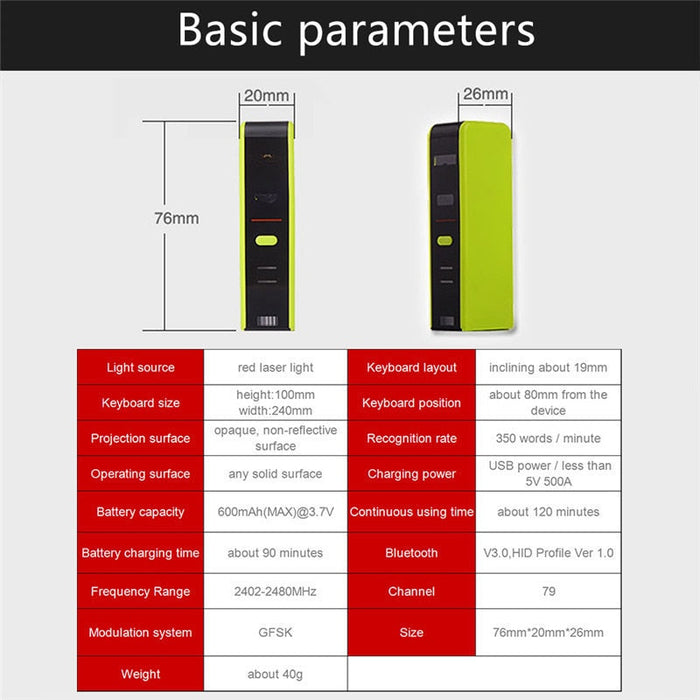 Mobile Device Laser Projector with Bluetooth Virtual Keyboard Connectivity: black, lime green compact projection keyboard dev