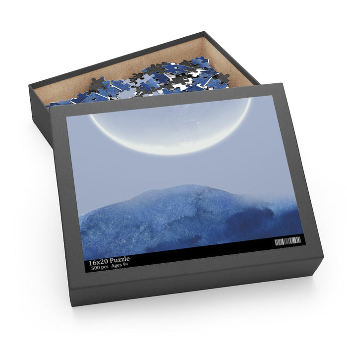 Moon's Perspective Puzzle, 500 Pieces: black, blue moon over blue mountains, minimal landscape illustration style