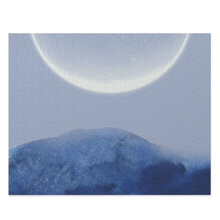 Moon's Perspective Puzzle, 500 Pieces: black, blue moon over blue mountains, minimal landscape illustration style