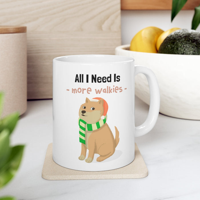 More Walkies Shiba Dog Mug: Embrace the Paw-some Journey!: white, tan cartoon dog