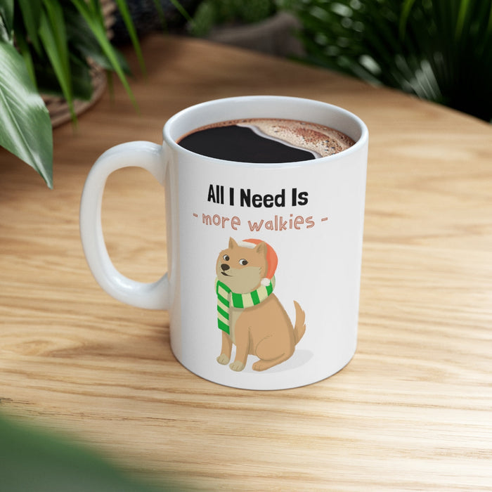 More Walkies Shiba Dog Mug: Embrace the Paw-some Journey!: white, tan cartoon dog