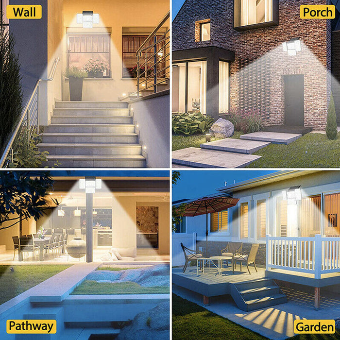 Motion Sensor Solar LED Outdoor Lights: yellow, white home exterior areas labeled Wall, Porch, Pathway, and Garden, modern ar