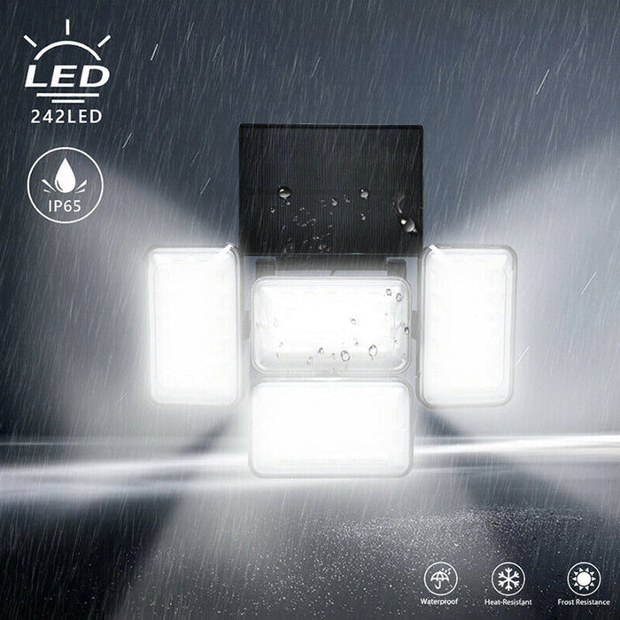 Motion Sensor Solar LED Outdoor Lights: yellow, white home exterior areas labeled Wall, Porch, Pathway, and Garden, modern ar