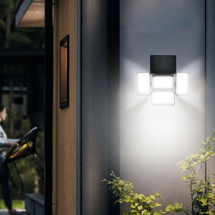 Motion Sensor Solar LED Outdoor Lights: yellow, white home exterior areas labeled Wall, Porch, Pathway, and Garden, modern ar