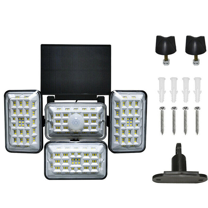 Motion Sensor Solar LED Outdoor Lights: yellow, white home exterior areas labeled Wall, Porch, Pathway, and Garden, modern ar