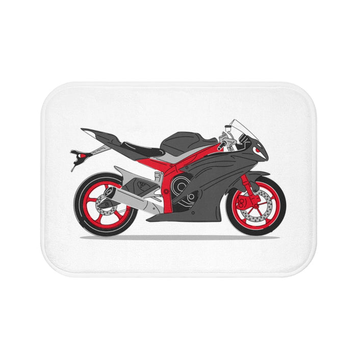 Motorcycle Bath Mat, Revitalized and Reimagined: white, black sport motorcycle, cartoon illustration style