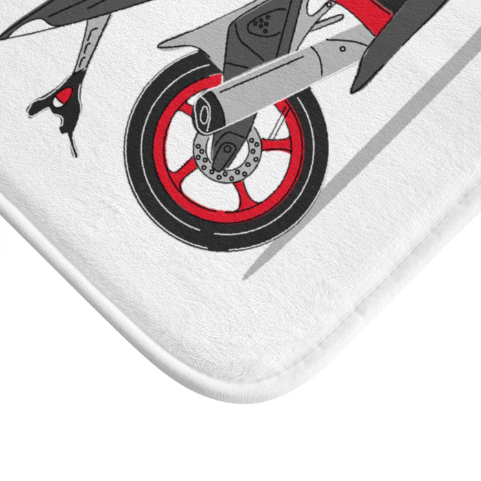 Motorcycle Bath Mat, Revitalized and Reimagined: white, black sport motorcycle, cartoon illustration style
