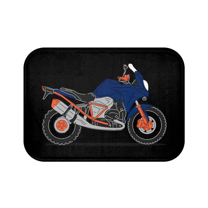 Motorcycle Bath Mat in a Striking Blue Shade: black, dark blue motorcycle, cartoon illustration style