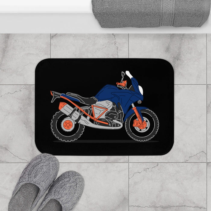 Motorcycle Bath Mat in a Striking Blue Shade: black, dark blue motorcycle, cartoon illustration style