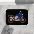 Motorcycle Bath Mat in a Striking Blue Shade: black, dark blue motorcycle, cartoon illustration style