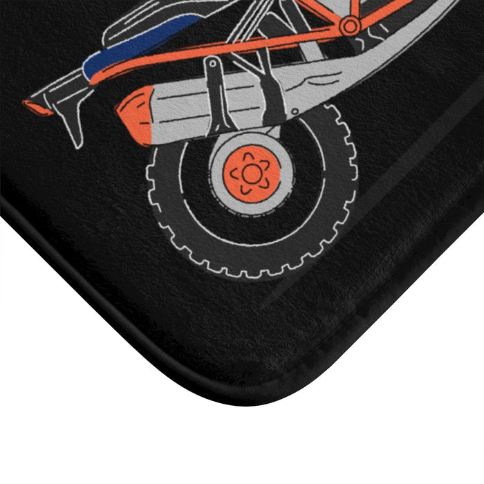 Motorcycle Bath Mat in a Striking Blue Shade: black, dark blue motorcycle, cartoon illustration style