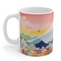Mount Fuji Horizon Cup: white, pink stylized mountain landscape with buildings and trees, stylized colorful landscape illustr