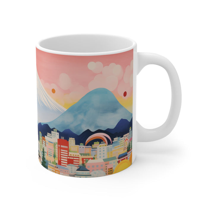 Mount Fuji Horizon Cup: white, pink stylized mountain landscape with buildings and trees, stylized colorful landscape illustr