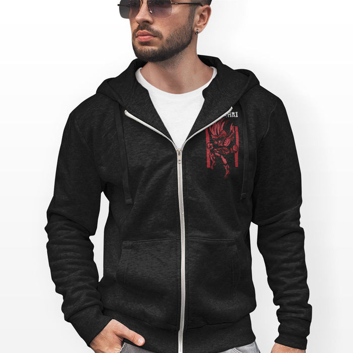 Muay Thai Inspired Zip-Up Hoodie for Men: black, white zip-up hooded sweatshirt, casual graphic streetwear style