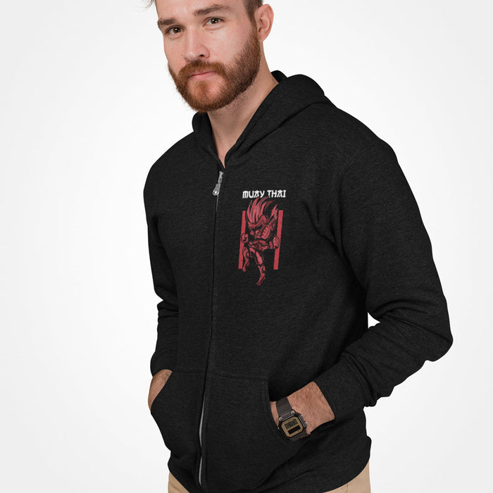 Muay Thai Inspired Zip-Up Hoodie for Men: black, white zip-up hooded sweatshirt, casual graphic streetwear style