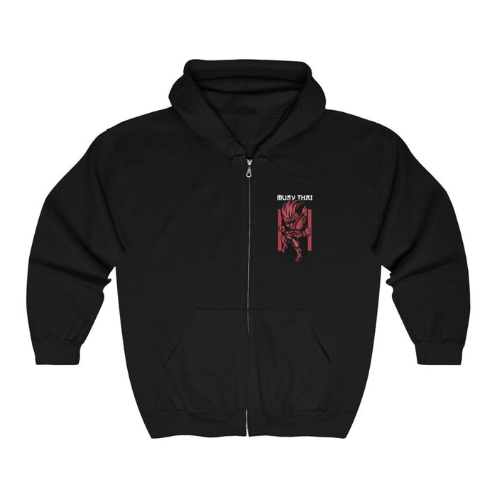 Muay Thai Inspired Zip-Up Hoodie for Men: black, white zip-up hooded sweatshirt, casual graphic streetwear style