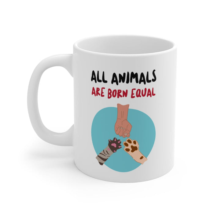 Mug: Equality for All Animals: white, black animal equality theme, cartoon graphic style