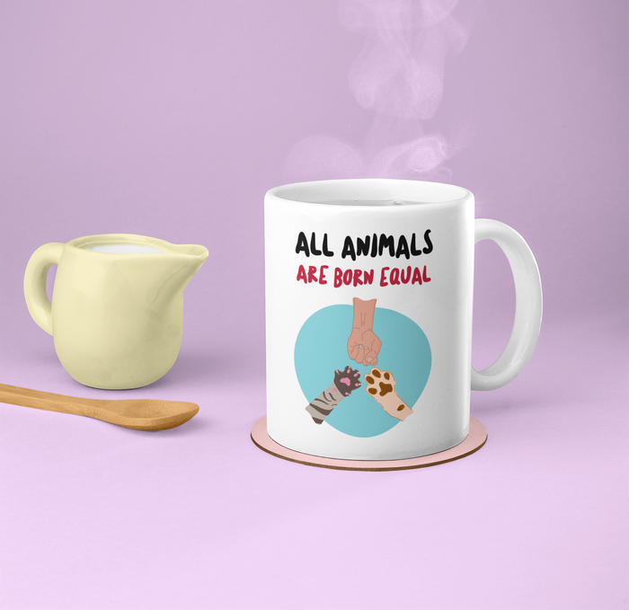Mug: Equality for All Animals: white, black animal equality theme, cartoon graphic style