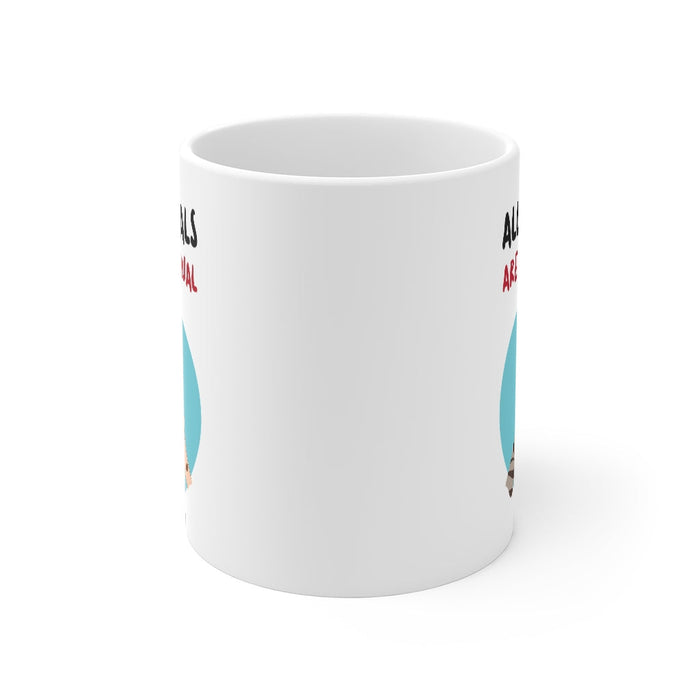 Mug: Equality for All Animals: white, black animal equality theme, cartoon graphic style