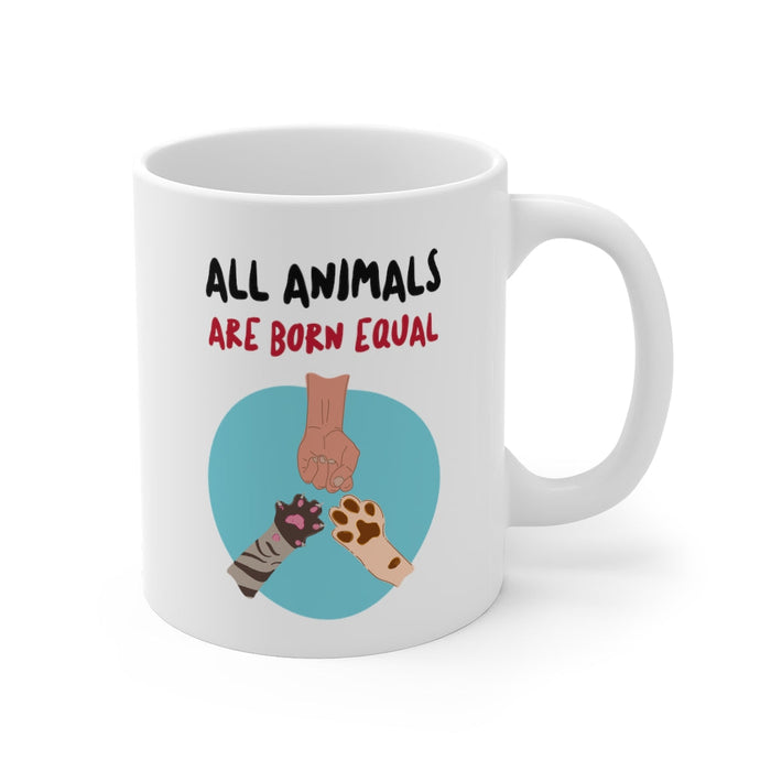 Mug: Equality for All Animals: white, black animal equality theme, cartoon graphic style