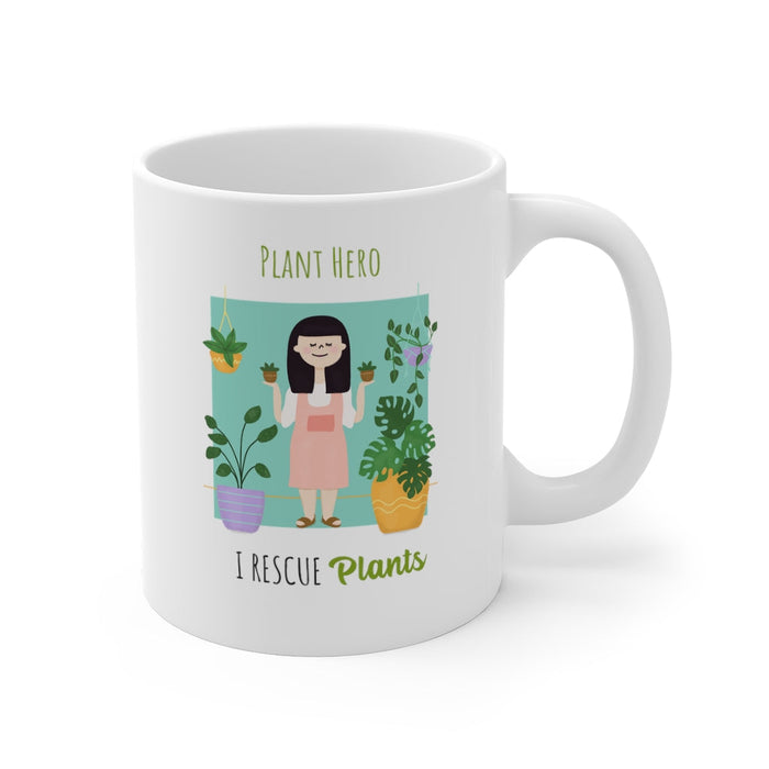 Mug for Plant Rescuers, Save Your Houseplants: white, green plant-themed cartoon character