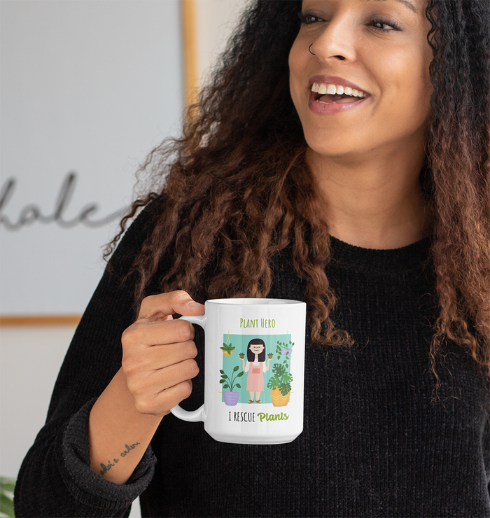 Mug for Plant Rescuers, Save Your Houseplants: white, green plant-themed cartoon character