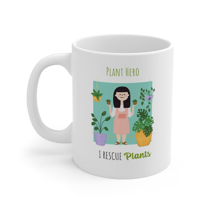 Mug for Plant Rescuers, Save Your Houseplants: white, green plant-themed cartoon character