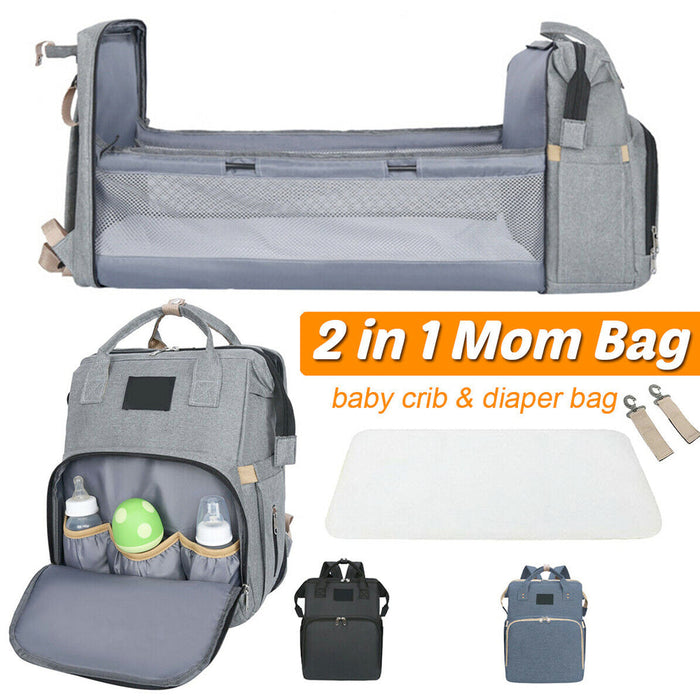 Multi-Purpose Baby Bed Stroller Bag: gray, dark gray convertible baby bag with fold-out crib, modern functional style