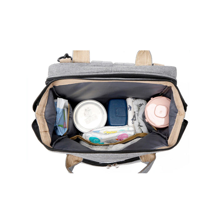 Multi-Purpose Baby Bed Stroller Bag: gray, dark gray convertible baby bag with fold-out crib, modern functional style