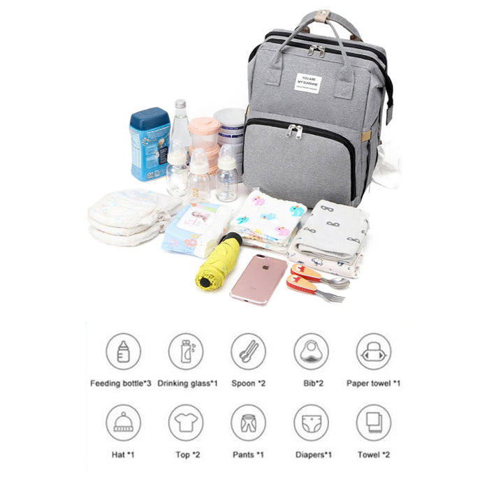 Multi-Purpose Baby Bed Stroller Bag: gray, dark gray convertible baby bag with fold-out crib, modern functional style