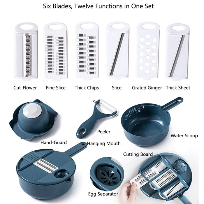 Multi-Purpose Grater for Kitchen with 12 Functions for Slicing Vegetables: dark teal blue, silver manual food slicer/grater b