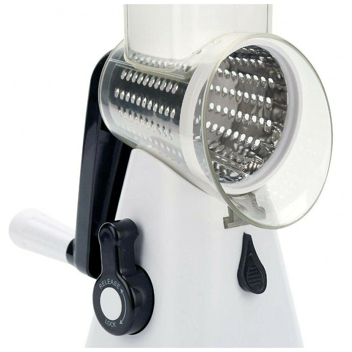 Multi-purpose Stainless Steel Kitchen Slicing and Grating Set: white, clear rotary drum grater attachment, functional kitchen