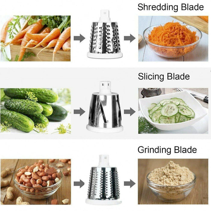 Multi-purpose Stainless Steel Kitchen Slicing and Grating Set: white, clear rotary drum grater attachment, functional kitchen