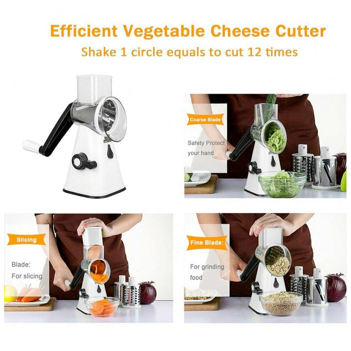 Multi-purpose Stainless Steel Kitchen Slicing and Grating Set: white, clear rotary drum grater attachment, functional kitchen
