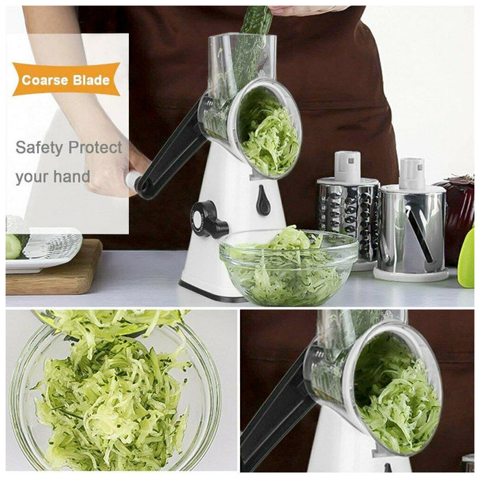 Multi-purpose Stainless Steel Kitchen Slicing and Grating Set: white, clear rotary drum grater attachment, functional kitchen
