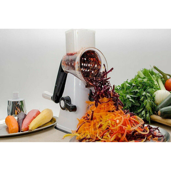 Multi-purpose Stainless Steel Kitchen Slicing and Grating Set: white, clear rotary drum grater attachment, functional kitchen